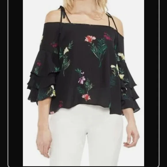 Vince Camuto Black Tropical Garden Off The Shoulder Top. Sz Med. NWOT. - Picture 1 of 8